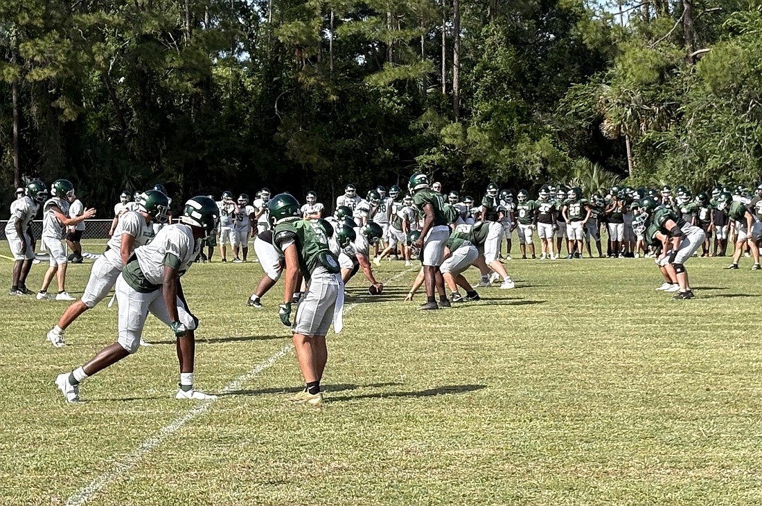 Flagler Palm Coast holds its first full-pad practice this spring at the Carver Center field. Courtesy photo