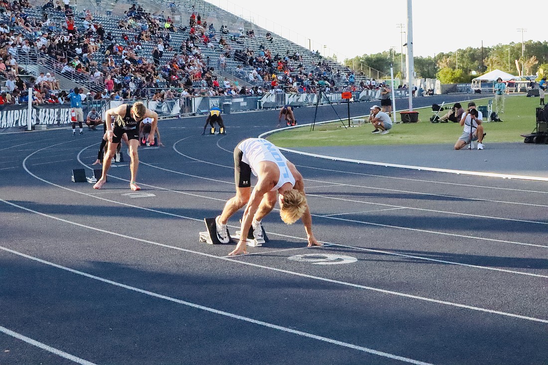 Foundation Academy's Jesse Rosenthal prepared his stance at the 1A State Championship. He finished in 10th in the 400-meter dash.