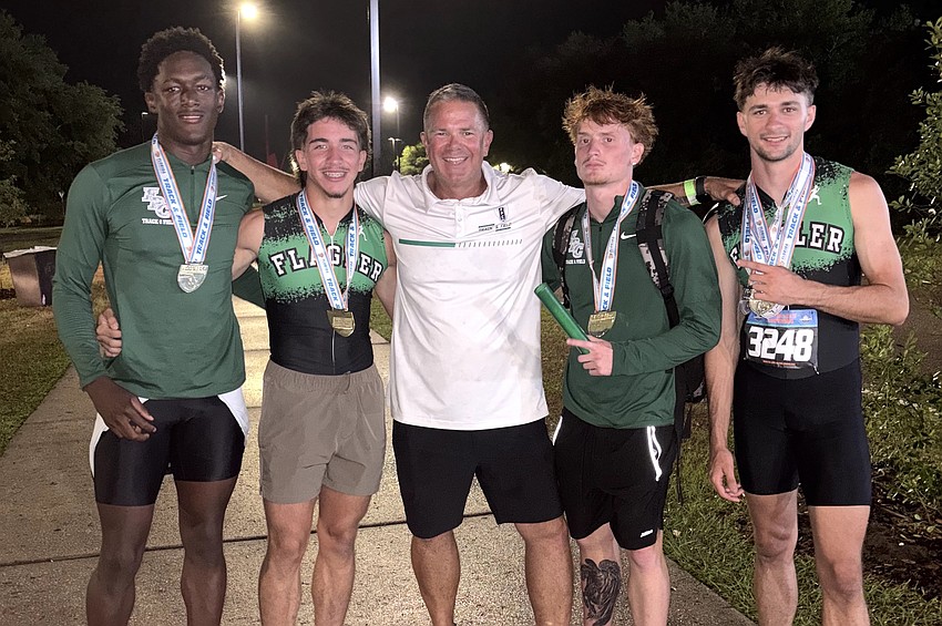 FPC's state champion 4x400 relay team: Jordan Haymon, Will Roberts, coach David Halliday, Mikey Najpaver and Logan Jacobelli. Courtesy photo FPC's state champion 4x400 relay team: Jordan Haymon, Will Roberts, coach David Halliday, Mikey Najpaver and Logan Jacobelli. Courtesy photo