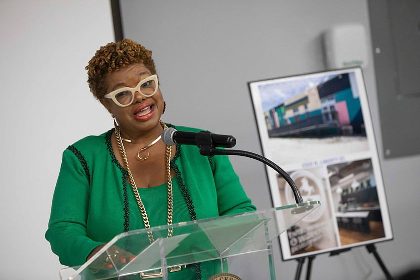 City Council member Ju’Coby Pittman speaks at the Entrepreneurship Workforce Development Center opening event in May 2025.