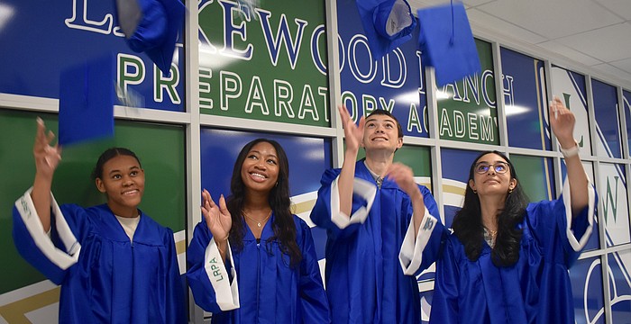 Seniors Eliana Yeboah, Suzan Ikele, Jeffrey Crabtree and Sara Johnson are among the first class of graduating seniors to complete all four years at Lakewood Ranch Preparatory Academy.