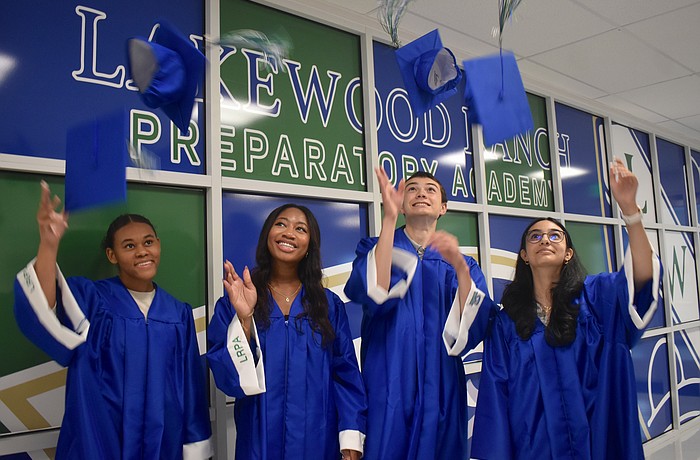 Seniors Eliana Yeboah, Suzan Ikele, Jeffrey Crabtree and Sara Johnson are among the first class of graduating seniors to complete all four years at Lakewood Ranch Preparatory Academy.