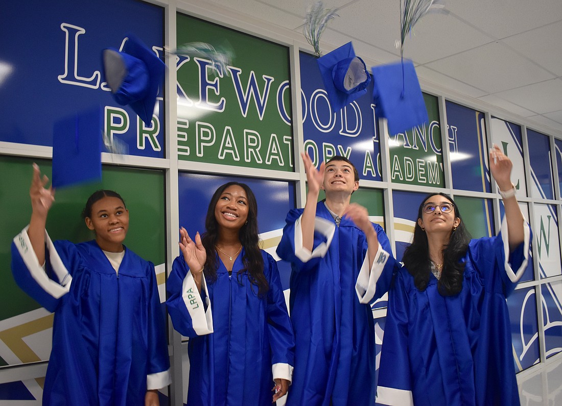 Seniors Eliana Yeboah, Suzan Ikele, Jeffrey Crabtree and Sara Johnson are among the first class of graduating seniors to complete all four years at Lakewood Ranch Preparatory Academy.