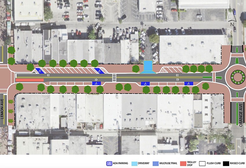A section of the proposed Main Street Complete Street between Lime and Orange avenues. A section of the proposed Main Street Complete Street between Lime and Orange avenues.