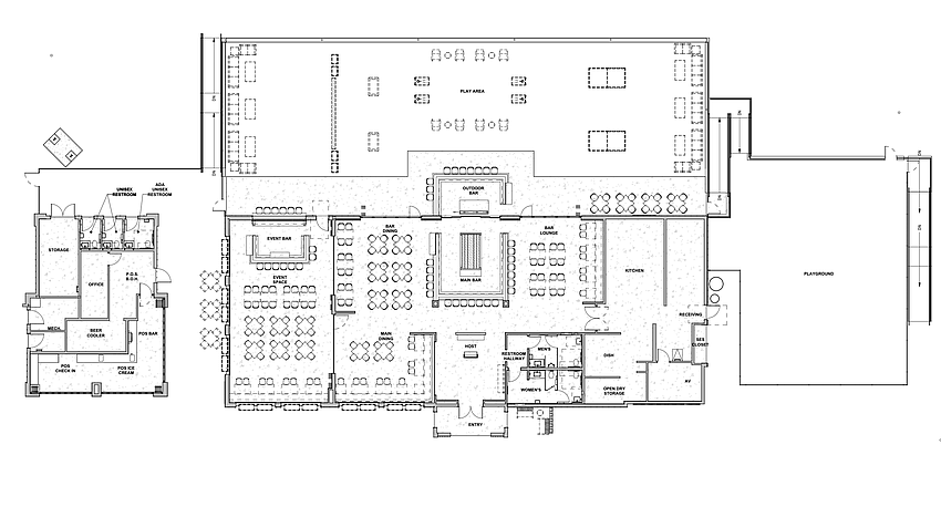 A floor plan example shows that PopStroke is designed with main dining, bar dining, a bar lounge, a main bar, event space, an outdoor bar, a play area, a playground and other amenities.