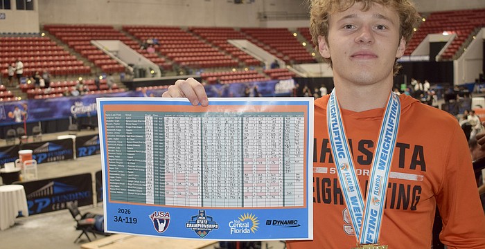 Vance Freeman became the 10th different state champion in Sarasota boys weightlifting program history May 7. The senior hit all three of his lifts in the bench press to secure gold.