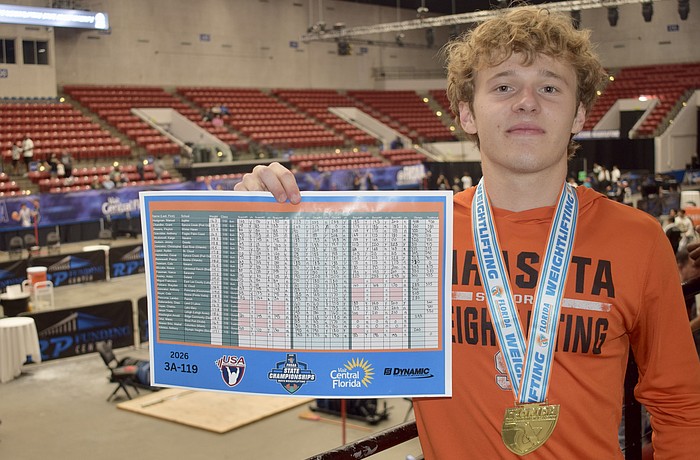Vance Freeman became the 10th different state champion in Sarasota boys weightlifting program history May 7. The senior hit all three of his lifts in the bench press to secure gold.