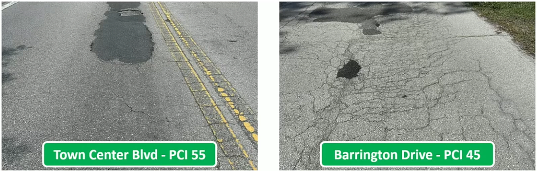 A city presentation highlighted deteriorating conditions on Town Center Boulevard and Barrington Drive during Tuesday’s Palm Coast roadway workshop. Screen shot