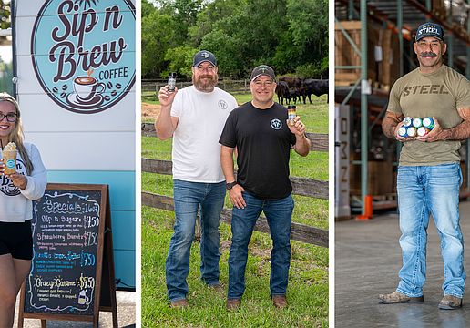 From left: Katelyn Diaz serves up smiles at Sip n Brew, the coffee trailer she launched with her parents shortly after graduating from Lakewood Ranch High. Partners Scott Wacha, left, and Brandon Whitman hold their Moo-Jitsu spice blends, a backyard-idea-turned-growing-business rooted in family, flavor and a bit of humor. Jason Huh, founder of STEEL Supplements, showcases Sodi Pop and Omni — two of the company’s expanding beverage lines aimed at a broader audience.
