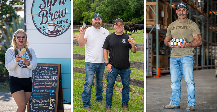 From left: Katelyn Diaz serves up smiles at Sip n Brew, the coffee trailer she launched with her parents shortly after graduating from Lakewood Ranch High. Partners Scott Wacha, left, and Brandon Whitman hold their Moo-Jitsu spice blends, a backyard-idea-turned-growing-business rooted in family, flavor and a bit of humor. Jason Huh, founder of STEEL Supplements, showcases Sodi Pop and Omni — two of the company’s expanding beverage lines aimed at a broader audience.