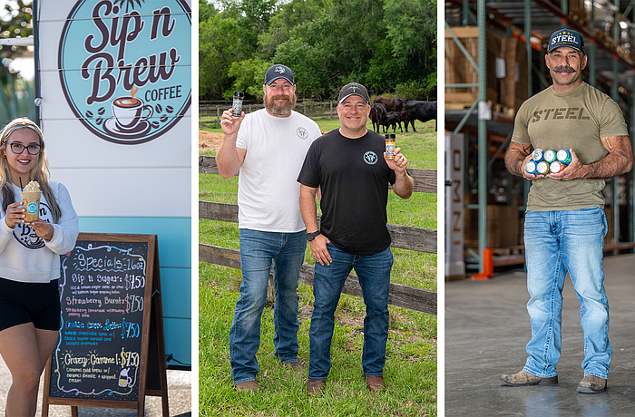 From left: Katelyn Diaz serves up smiles at Sip n Brew, the coffee trailer she launched with her parents shortly after graduating from Lakewood Ranch High. Partners Scott Wacha, left, and Brandon Whitman hold their Moo-Jitsu spice blends, a backyard-idea-turned-growing-business rooted in family, flavor and a bit of humor. Jason Huh, founder of STEEL Supplements, showcases Sodi Pop and Omni — two of the company’s expanding beverage lines aimed at a broader audience.