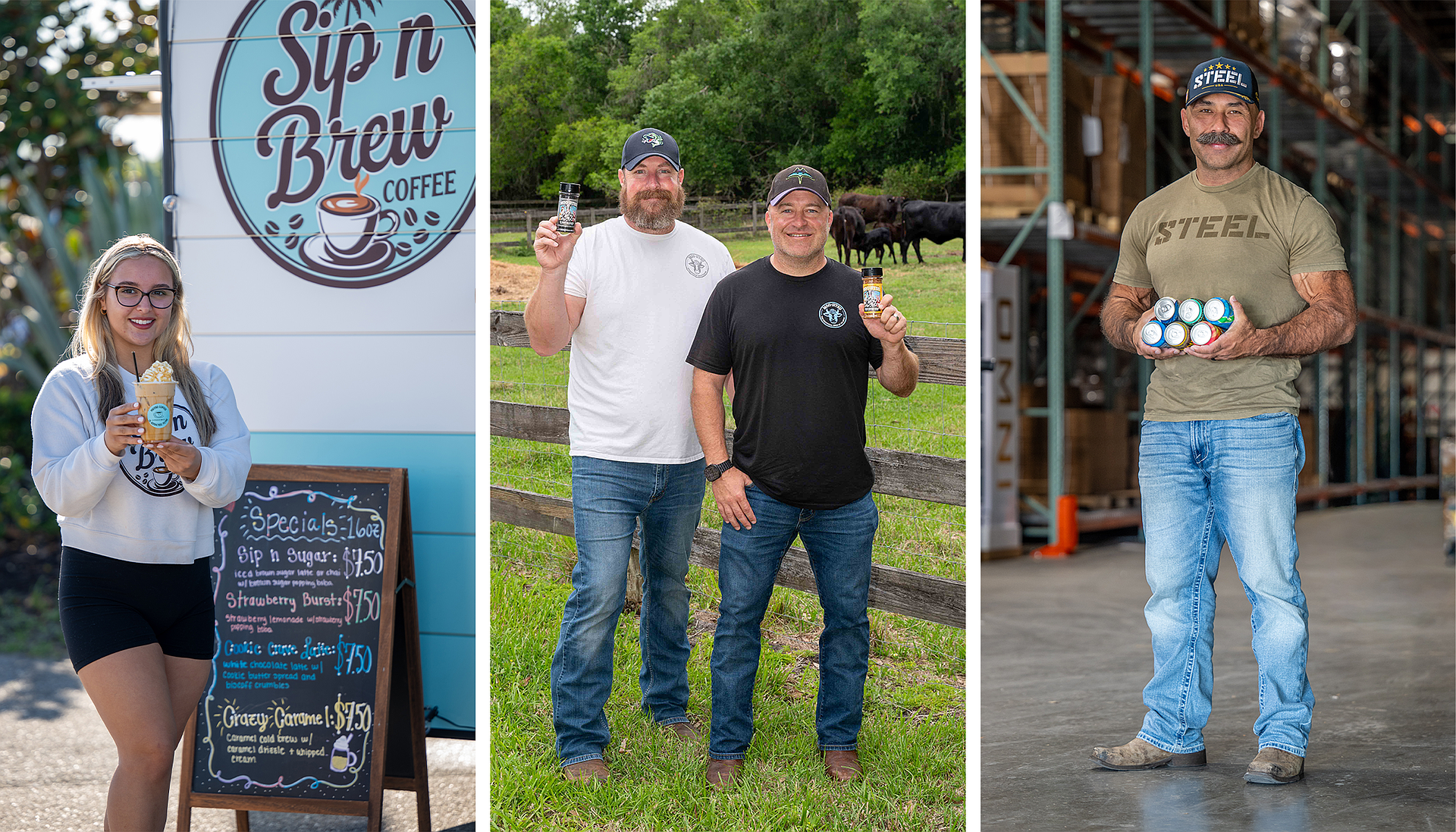 From left: Katelyn Diaz serves up smiles at Sip n Brew, the coffee trailer she launched with her parents shortly after graduating from Lakewood Ranch High. Partners Scott Wacha, left, and Brandon Whitman hold their Moo-Jitsu spice blends, a backyard-idea-turned-growing-business rooted in family, flavor and a bit of humor. Jason Huh, founder of STEEL Supplements, showcases Sodi Pop and Omni — two of the company’s expanding beverage lines aimed at a broader audience.