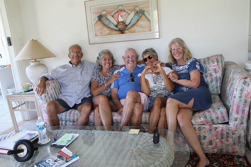Harold Goldstein, center, recently celebrated his 100th birthday with friends and family, including Larry Panza, Beth Goldstein, Dawn Walsh and Liz Grant.