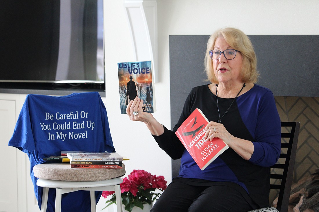 Author Susan Hanafee speaks to the evolution of the character Leslie Elliott, who goes on a truth-seeking adventure set in Sarasota in the murder mystery "Scavenger Tides." Bird Key Women's Association members read the book before hearing from the author at their May 13 meeting.
