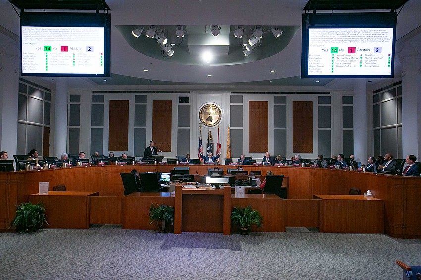 City Council member Ron Salem, then Council president, signaled “touchdown” after Council voted in 2024 to approve the Jacksonville Jaguars “Stadium of the Future” deal.