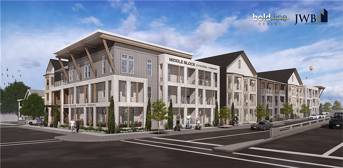 The proposed Cathedral Commons apartments at 527 E. Duval St. comprise two three-story buildings. JWB Real Estate Partners is the developer of the project.