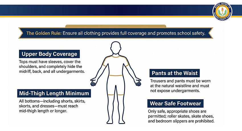 During the May 5 school board workshop, a presentation was given to go over potential changes for the upcoming school year. This graphic shows the current dress code.