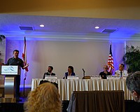 ABC 7 Chief Meteorologist Bob Harrigan speaks at the Longboat Key Disaster Preparedness Seminar organized by the Longboat Key Chamber of Commerce Thursday, May 14.