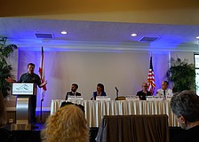 ABC 7 Chief Meteorologist Bob Harrigan speaks at the Longboat Key Disaster Preparedness Seminar organized by the Longboat Key Chamber of Commerce Thursday, May 14.