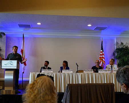 ABC 7 Chief Meteorologist Bob Harrigan speaks at the Longboat Key Disaster Preparedness Seminar organized by the Longboat Key Chamber of Commerce Thursday, May 14.