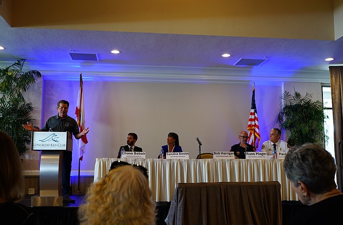 ABC 7 Chief Meteorologist Bob Harrigan speaks at the Longboat Key Disaster Preparedness Seminar organized by the Longboat Key Chamber of Commerce Thursday, May 14.