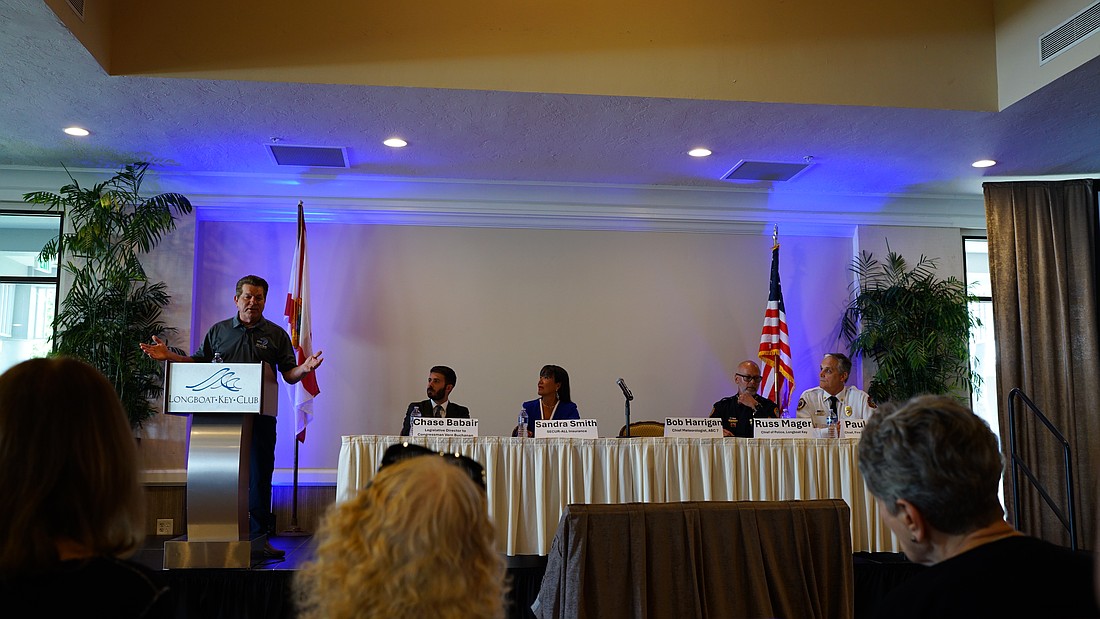 ABC 7 Chief Meteorologist Bob Harrigan speaks at the Longboat Key Disaster Preparedness Seminar organized by the Longboat Key Chamber of Commerce Thursday, May 14.