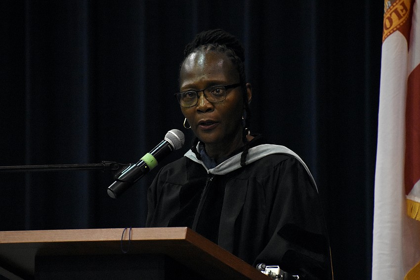 Principal Rachel Shelley addresses the crowd.