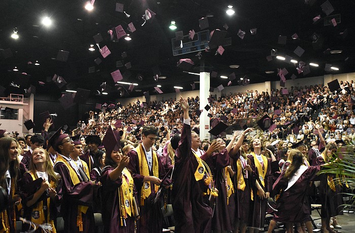 Students toss their caps as the status of graduation is conferred.