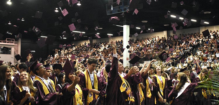 Students toss their caps as the status of graduation is conferred.