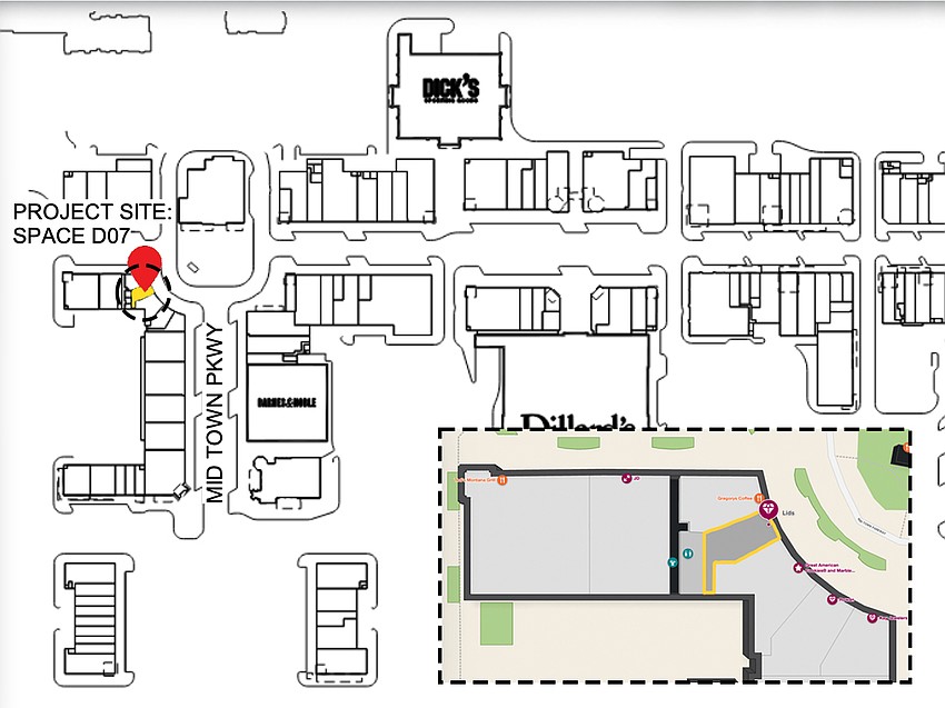 The city is reviewing a permit application for Shady Rays to build-out about 907 square feet at 10281 Midtown Parkway, next to Great American Cookies and Marble Slab Creamery in the traffic circle that winds around Maggiano’s Little Italy.