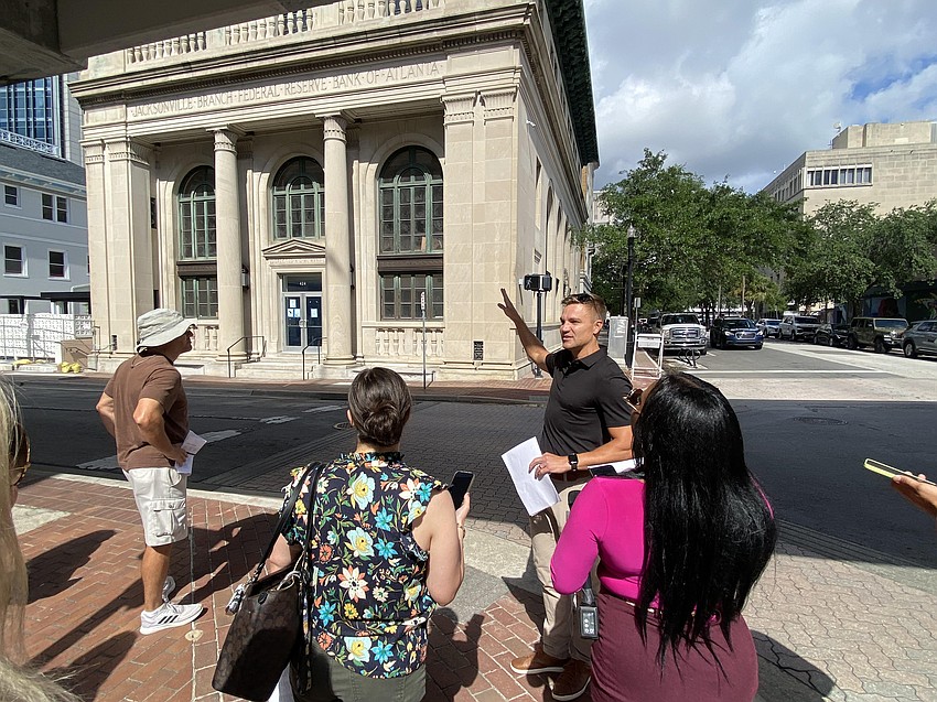 A May 19 media tour of the Pearl Square development in Downtown Jacksonville began at the renovated Federal Reserve Building at Duval and Hogan streets. Gateway Jax CEO Bryan Moll said the owner of The June, a private club being built-out in the historic building, expects it to open by the end of 2026.
