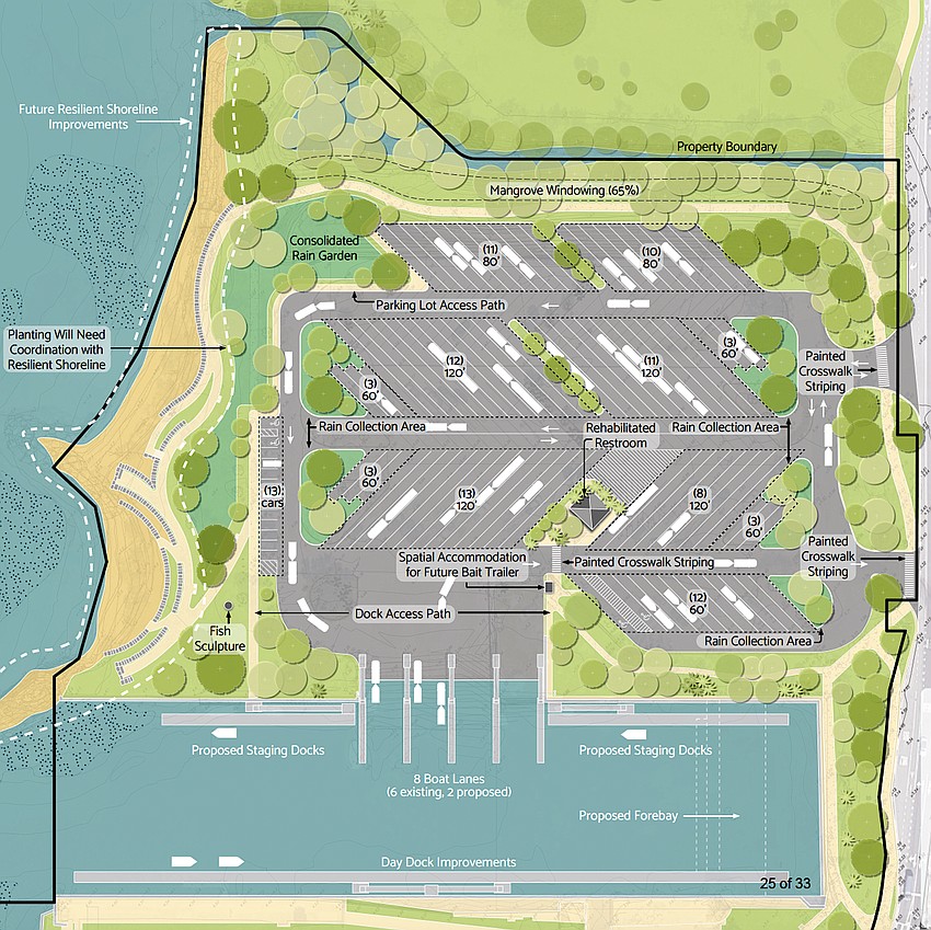 The site plan for the Centennial Park portion of The Bay park shows expanded parking, resilient shoreline, expanded boat launch capacity and day docks on the north side of the canal.