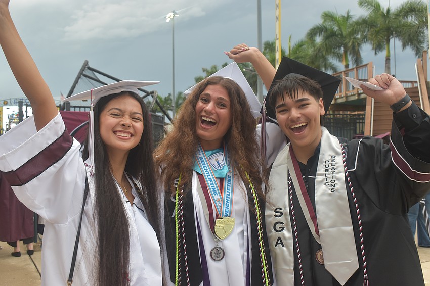 Kaiya Peters, Chloe Pogoda and Isai Palacios were the student speakers at the Braden River High School commencement ceremony May 19 at LECOM Park.