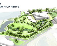 A massing model of The Bay phases 3A and 3B show a parnking deck to the right, to the left the Sarasota Performing Arts Center location flanked by two restaurant spaces and the current parking lot converted to green space. The Van Wezel is at the bottom left corner.