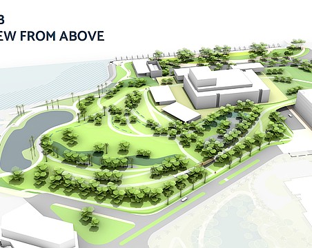 A massing model of The Bay phases 3A and 3B show a parnking deck to the right, to the left the Sarasota Performing Arts Center location flanked by two restaurant spaces and the current parking lot converted to green space. The Van Wezel is at the bottom left corner.