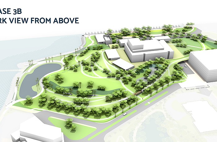A massing model of The Bay phases 3A and 3B show a parnking deck to the right, to the left the Sarasota Performing Arts Center location flanked by two restaurant spaces and the current parking lot converted to green space. The Van Wezel is at the bottom left corner.