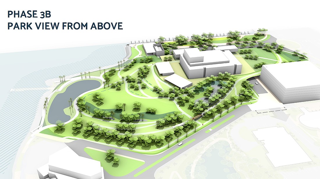 A massing model of The Bay phases 3A and 3B show a parnking deck to the right, to the left the Sarasota Performing Arts Center location flanked by two restaurant spaces and the current parking lot converted to green space. The Van Wezel is at the bottom left corner.