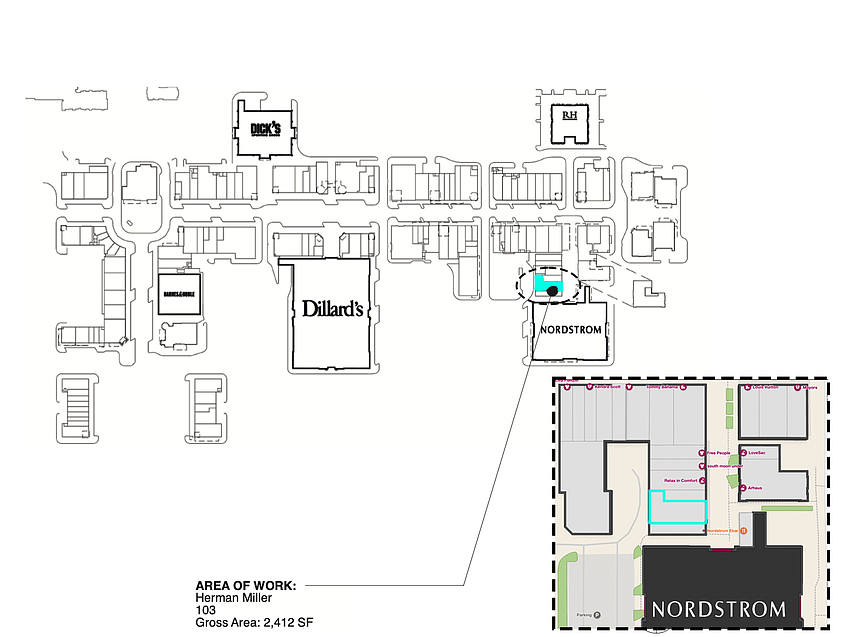 The city is reviewing a permit application for Herman Miller in 2,412 square feet at 4818 River City Drive, Unit 103, in what appears to be part of the closed Disney Store.