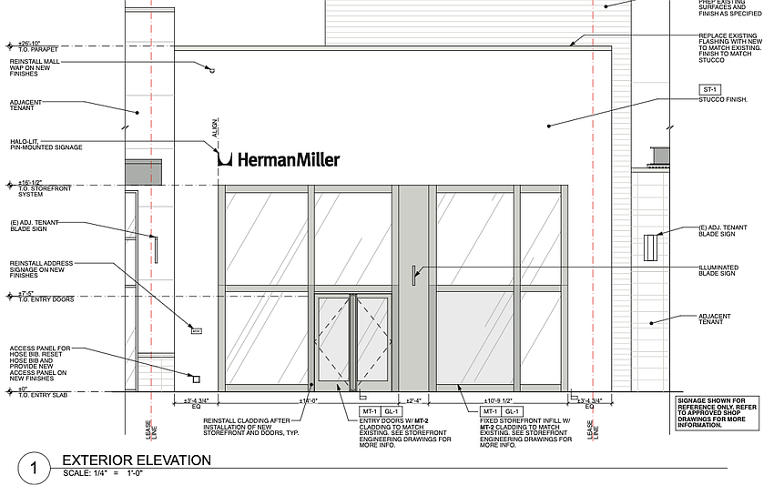 Herman Miller is working on building-out a storefront in St. Johns Town Center in what appears to be part of the closed Disney Store.