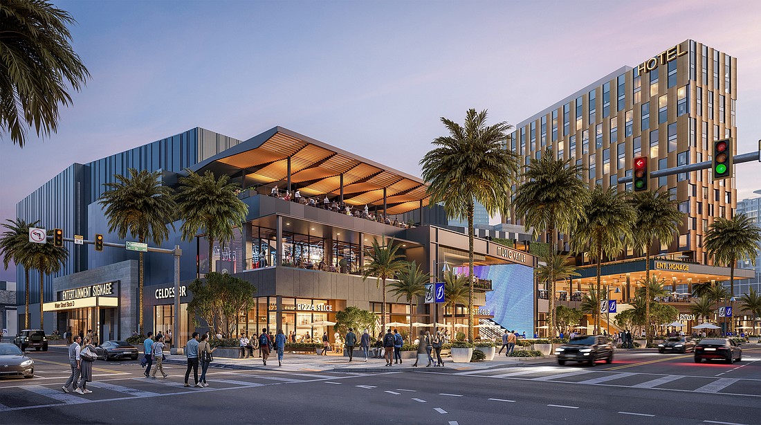 A rendering of Water Street Tampa’s planned entertainment district.