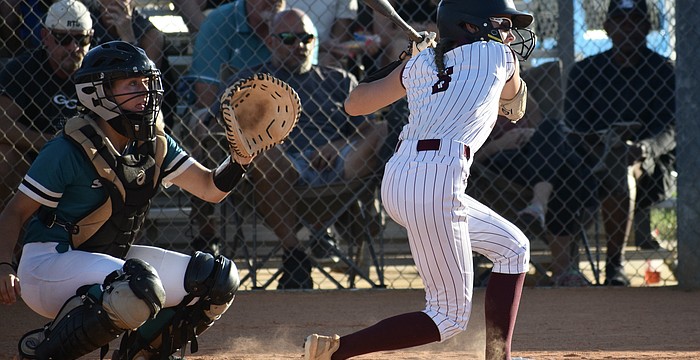 Leighton Paul (right), pictured here during the FHSAA Class 5A-Region 3 final May 14 against Gulf Coast, was Braden River's leadoff hitter this season. She went 0-for-3 in the state semifinals against Niceville.