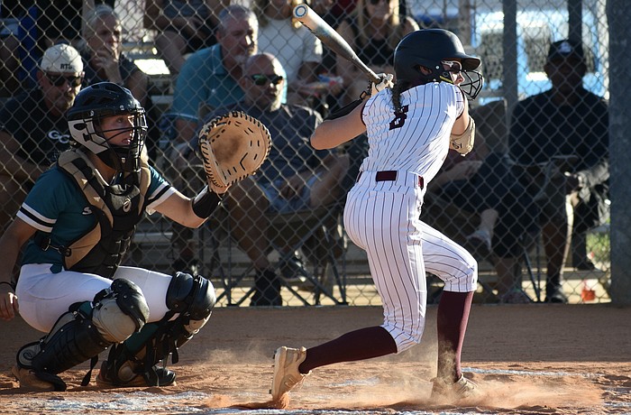 Leighton Paul (right), pictured here during the FHSAA Class 5A-Region 3 final May 14 against Gulf Coast, was Braden River's leadoff hitter this season. She went 0-for-3 in the state semifinals against Niceville.