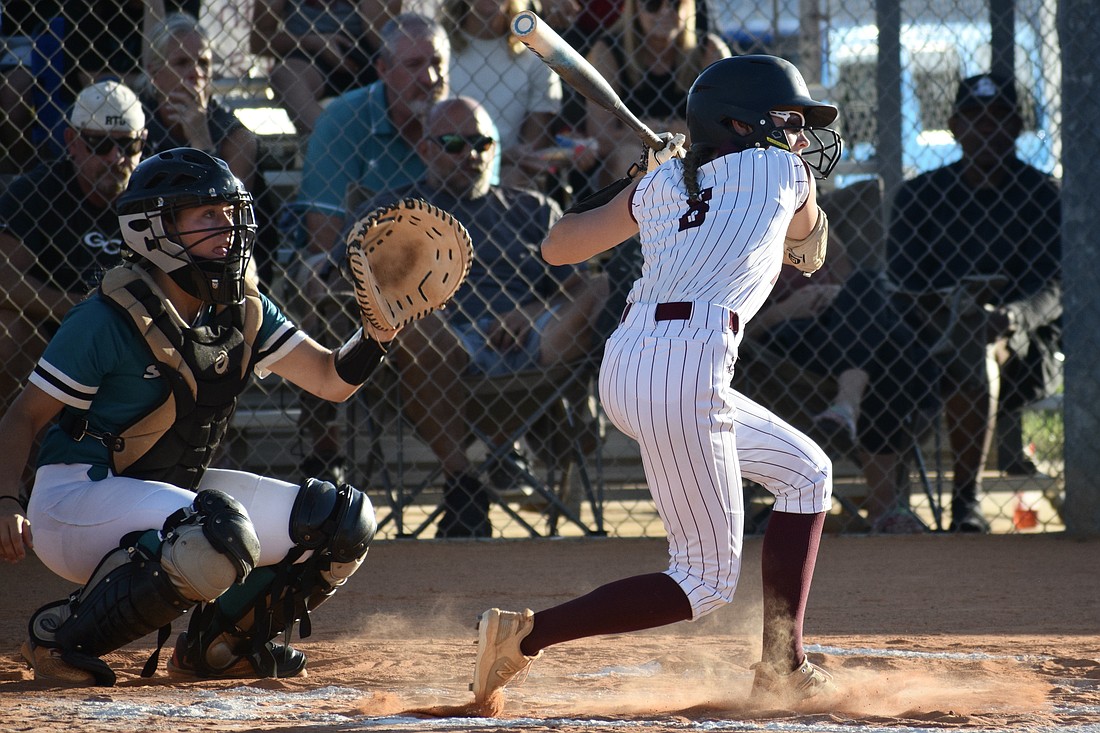 Leighton Paul (right), pictured here during the FHSAA Class 5A-Region 3 final May 14 against Gulf Coast, was Braden River's leadoff hitter this season. She went 0-for-3 in the state semifinals against Niceville.