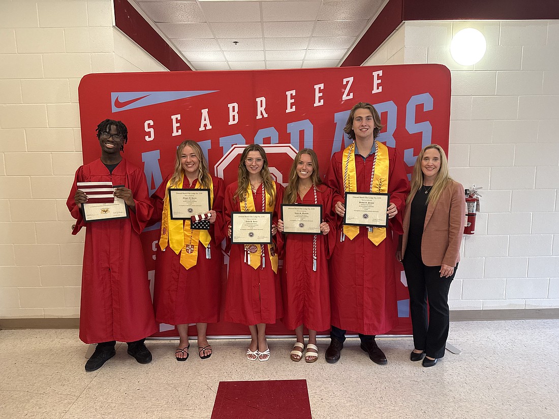 Seabreeze seniors Ye’Nile McCoy, Maggie Harris, Lucky Boren, Isabel Mazelow and Britton Prewitt, with Ormond Beach Elks Lodge Scholarship Chair Erika Barger. Courtesy photo