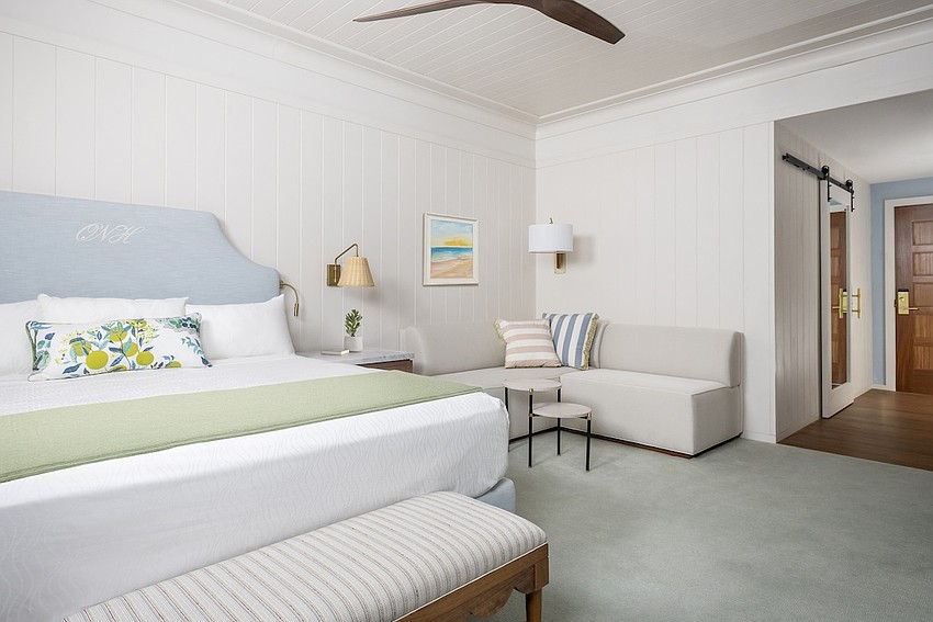 Rooms showcase a color palette inspired by the Gulf, one block away from the hotel. Rooms showcase a color palette inspired by the Gulf, one block away from the hotel.
