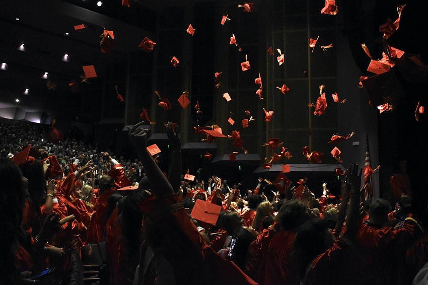 The moment of graduation arrives as students toss their caps.