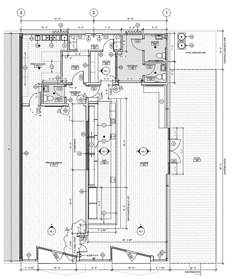 Plans for The Huguenot wine, cheese and charcuterie bar on the Downtown Southbank show the project is a 2,100-square-foot interior tenant in Units 4-5 within a 7,105-square-foot shell structure. There is a lounge, private dining and patio.