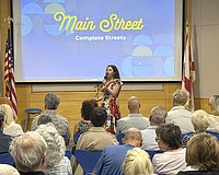 Sarasota Chief Transportation Planner Corinne Arriaga makes opening remarks at the May 21 Main Street complete street public meeting.