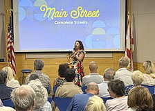 Sarasota Chief Transportation Planner Corinne Arriaga makes opening remarks at the May 21 Main Street complete street public meeting.