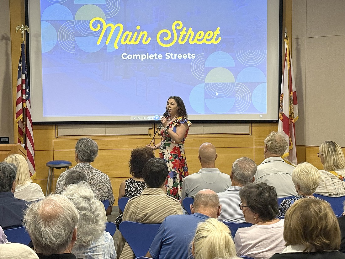 Sarasota Chief Transportation Planner Corinne Arriaga makes opening remarks at the May 21 Main Street complete street public meeting.